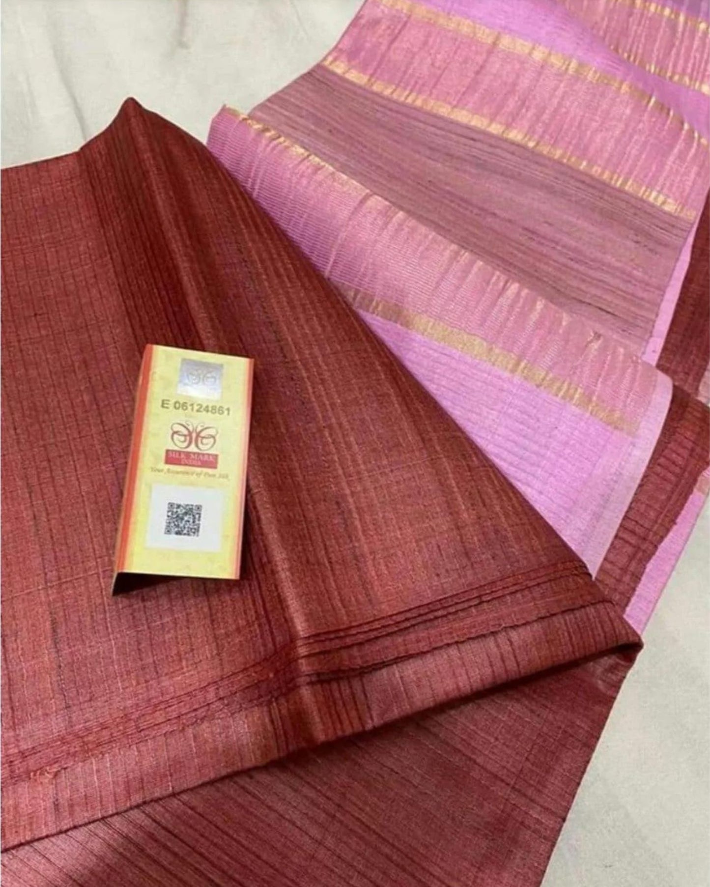4573-Silkmark Certified Eri Silk with Gichcha Tussar Stripes Hand Dyed maroon Saree with Blouse
