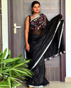 Pure Linen Handloom Saree Eerie Black Color Hand Embroidered with Running Blouse-Indiehaat
