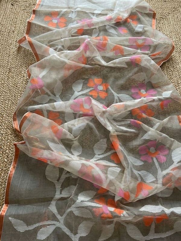 Indiehaat | Pure Muslin Silk Jamdani Saree Beige