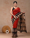 Indiehaat | Maheshwari Silk Saree Dark Red Color Bagru Handblock Printed with Running Blouse (Silk by Silk)