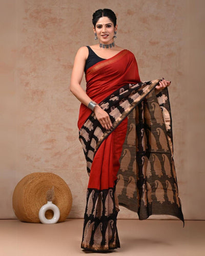 Indiehaat | Maheshwari Silk Saree Dark Red Color Bagru Handblock Printed with Running Blouse (Silk by Silk)