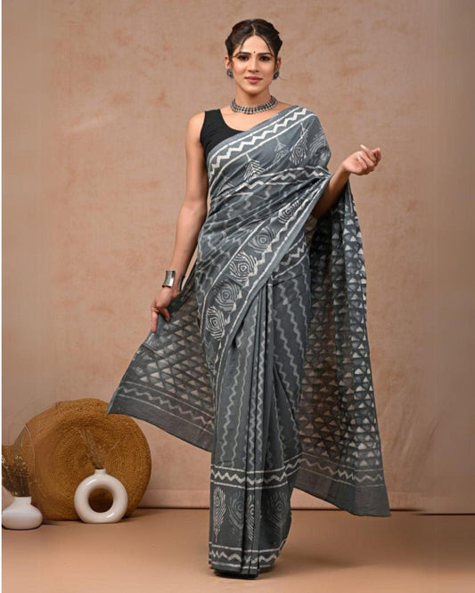 Indiehaat | Pure Mulmul Cotton Saree Gray Color handblock printed with Running Blouse