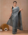 Indiehaat | Pure Mulmul Cotton Saree Gray Color handblock printed with Running Blouse