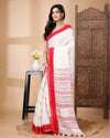 Indiehaat| Pure Linen White Saree Floral Buti Striped Pallu