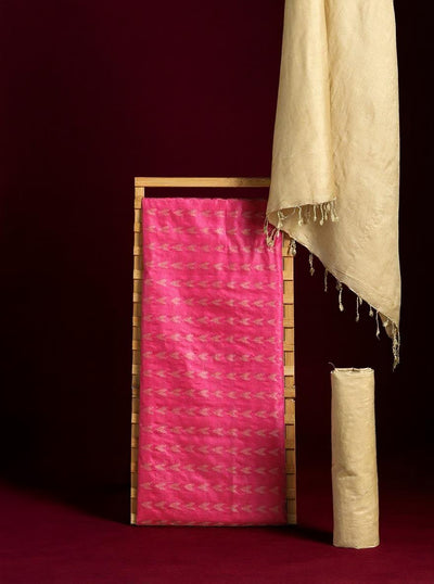 Indiehaat | Katan Silk Jaquard Dress Material Pink & Beige