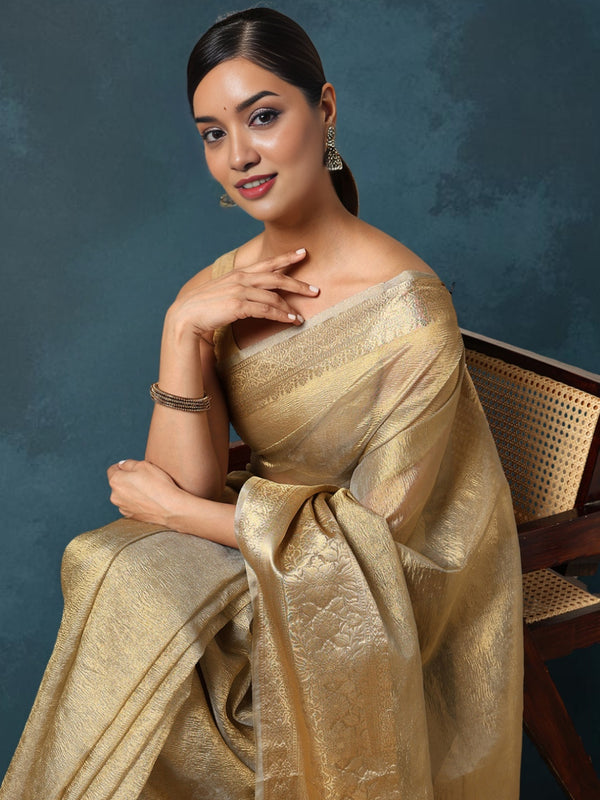 Indiehaat | Banarasi Crushed Tissue Silk Gold