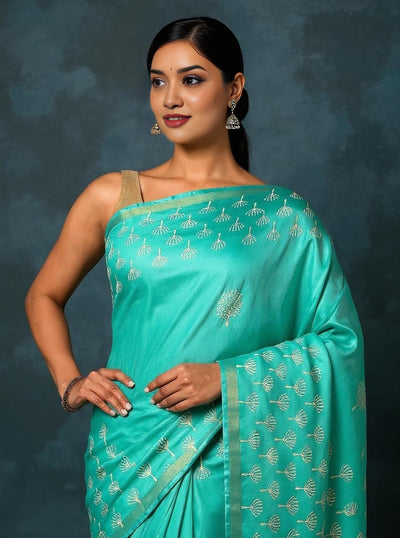 Indiehaat | Blockprint Katan Silk Saree Blue