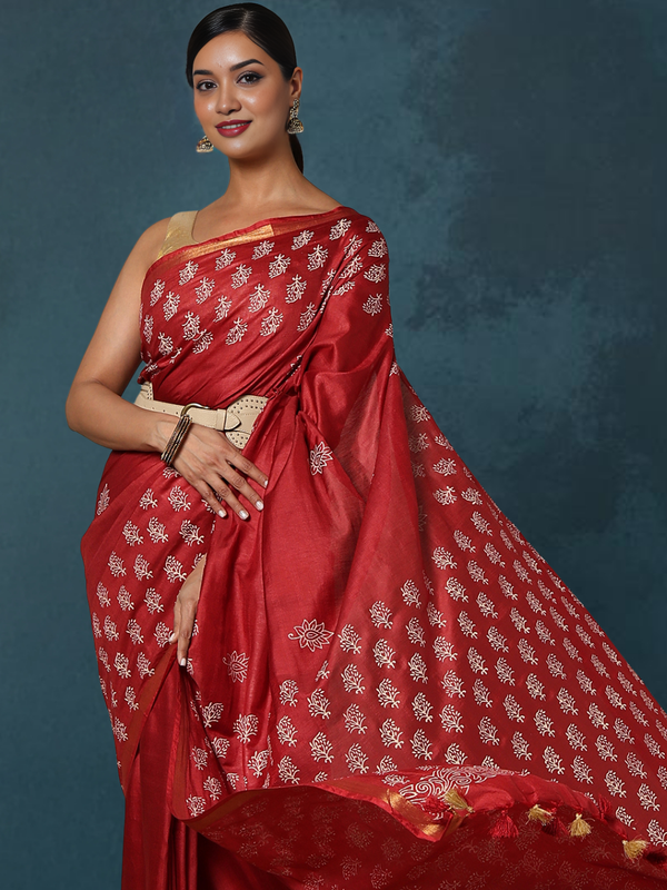 Indiehaat | Blockprint Katan Silk Saree Red