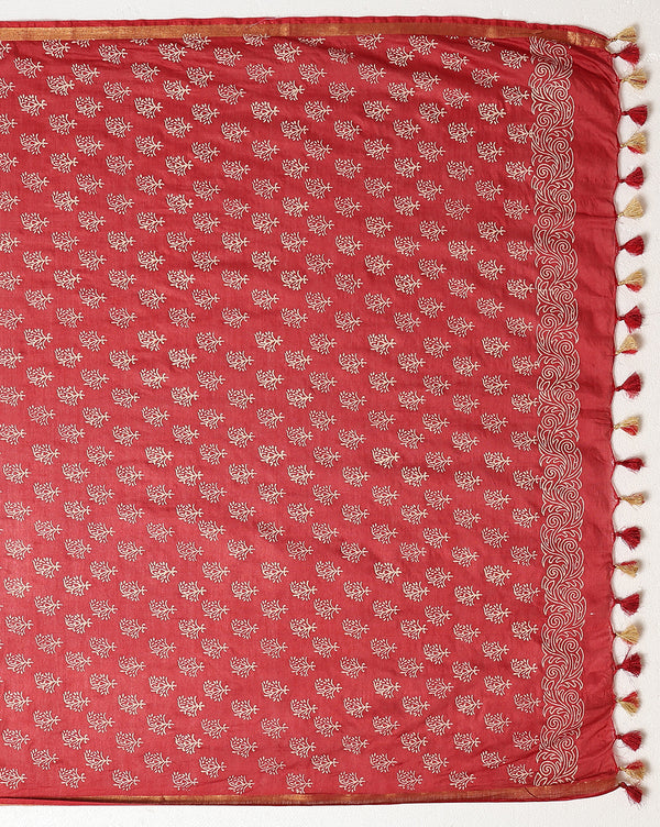 Indiehaat | Blockprint Katan Silk Saree Red