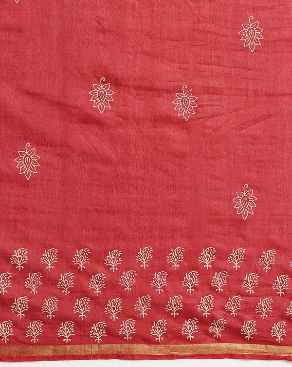 Indiehaat | Blockprint Katan Silk Saree Red