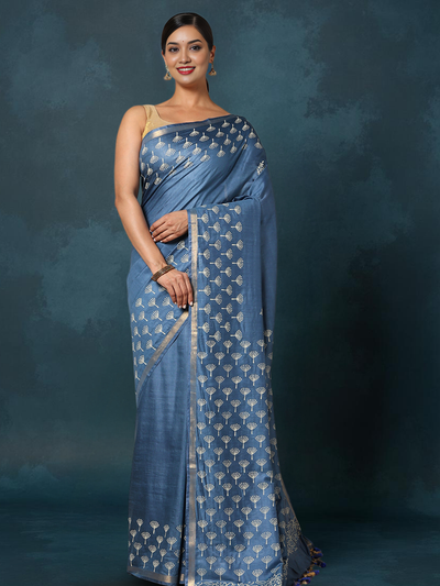 Indiehaat | Blockprint Katan Silk Saree Blue