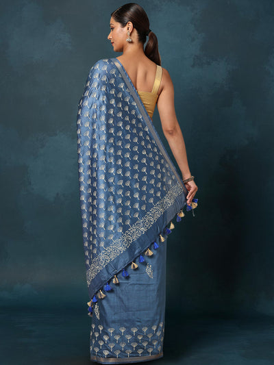 Indiehaat | Blockprint Katan Silk Saree Blue