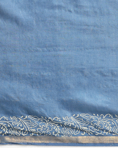 Indiehaat | Blockprint Katan Silk Saree Blue