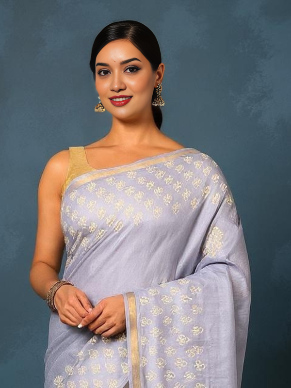 Indiehaat | Blockprint Katan Silk Saree Gray
