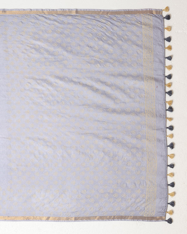 Indiehaat | Blockprint Katan Silk Saree Gray