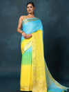 Indiehaat | Pure Linen Hand Ombre Dyed Saree Blue Yellow