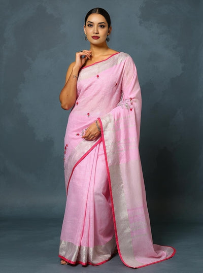 Indiehaat | Pure Linen Embroidered Saree Pink