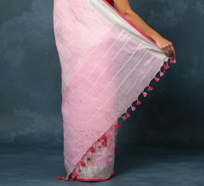 Indiehaat | Pure Linen Embroidered Saree Pink