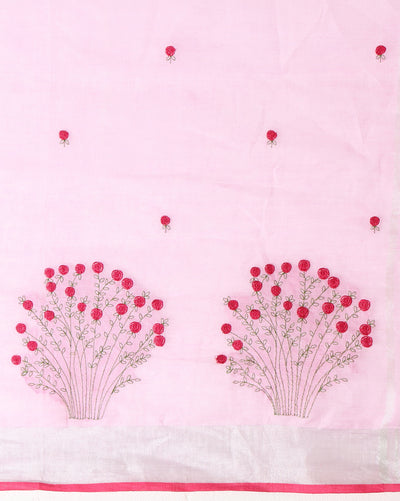 Indiehaat | Pure Linen Embroidered Saree Pink