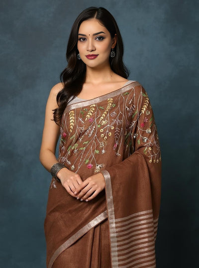 Indiehaat | Pure Linen Hand Embroidered Saree Brown