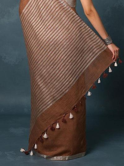Indiehaat | Pure Linen Hand Embroidered Saree Brown