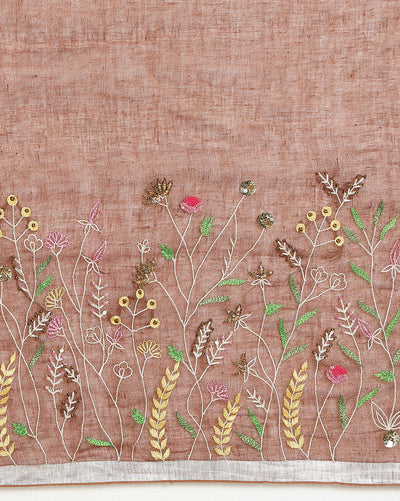 Indiehaat | Pure Linen Hand Embroidered Saree Brown