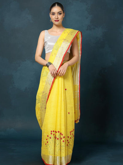 Indiehaat | Pure Linen Embroidered Saree Yellow