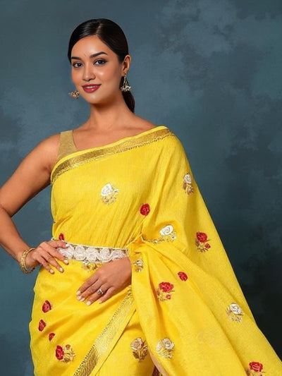 Indiehaat | Silk Linen Embroidery Saree Yellow