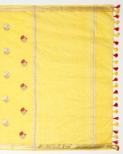 Indiehaat | Silk Linen Embroidery Saree Yellow