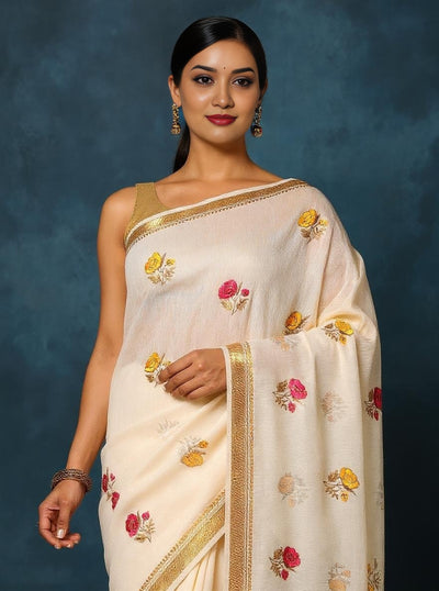 Indiehaat | Silk Linen Embroidery Saree White
