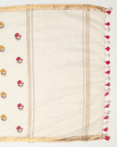 Indiehaat | Silk Linen Embroidery Saree White