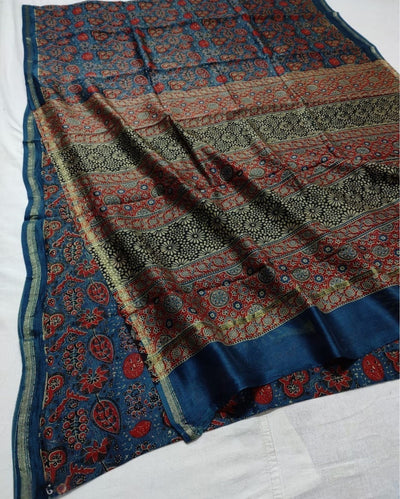 Indiehaat | Chanderi Silk Ajrakh Print Saree Blue