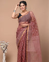 Indiehaat | Blockprinted Kota Doria Brown Saree | Elegant