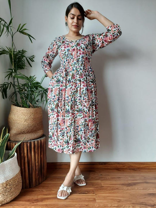 Indiehaat | Cotton Long One Piece Dress Light Lavendar Color Bagru Hand Printed Size 36 to 46