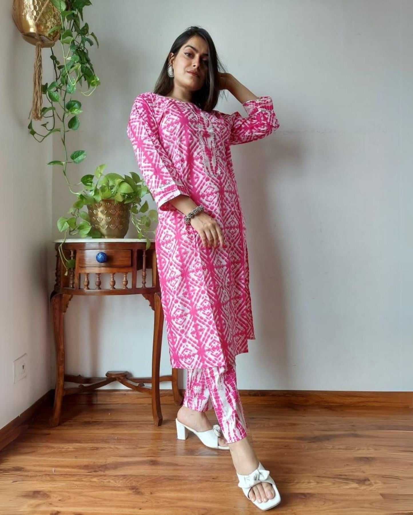 Indiehaat | Cotton Stitched Kurti Rose Pink Color Handblock Printed With Pant