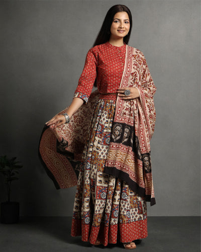 Indiehaat | Blockprinted Cotton Brown Stitched Lehanga