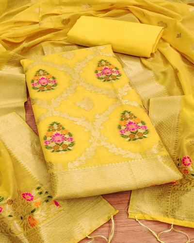 Indiehaat | Banarasi Cotton Brocade Suit Yellow