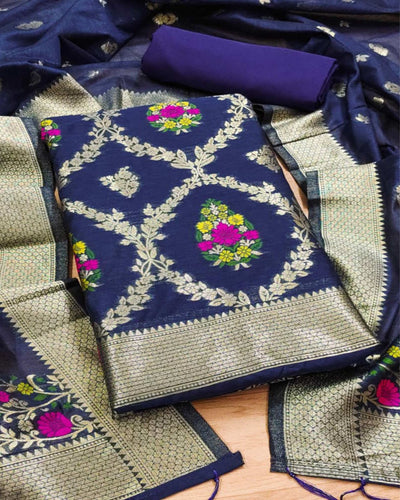 Indiehaat | Banarasi Cotton Brocade Suit Blue