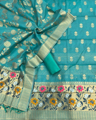 Indiehaat | Banarasi Cotton Brocade Suit Blue