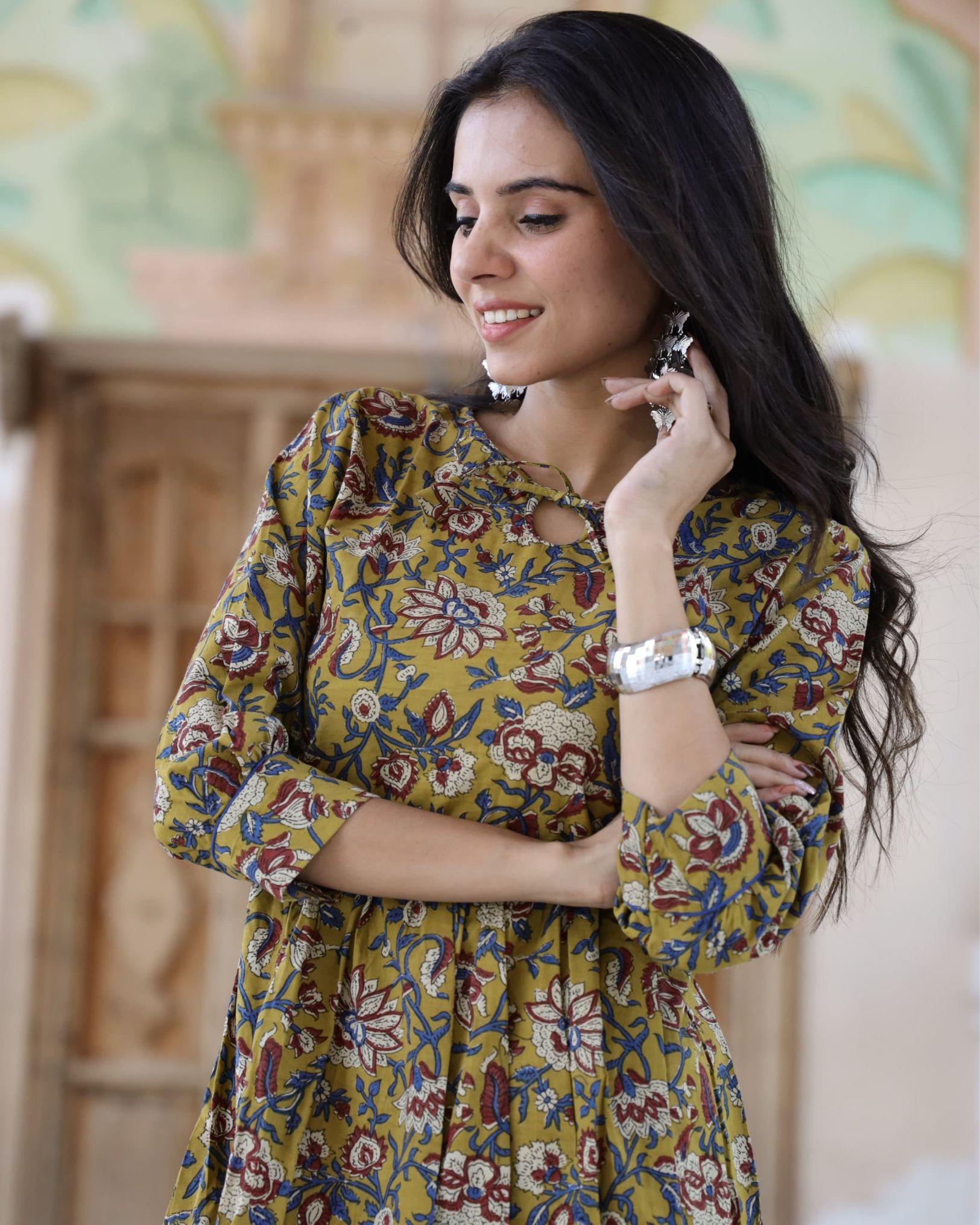 IndieHaat | Cotton One Piece Yellow Frill Dress Handblock Print Ajrakh Dabu Size 38 to 50