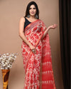 Indiehaat | Blockprinted Kota Doria Red Saree | Elegant