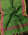 Indiehaat | Pure Linen Leaf Green Dupatta With Weaving Flower Pattern