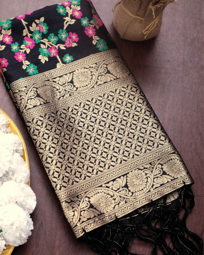 Indiehaat | Banarasi Lichi Silk Brocade Dupatta Black