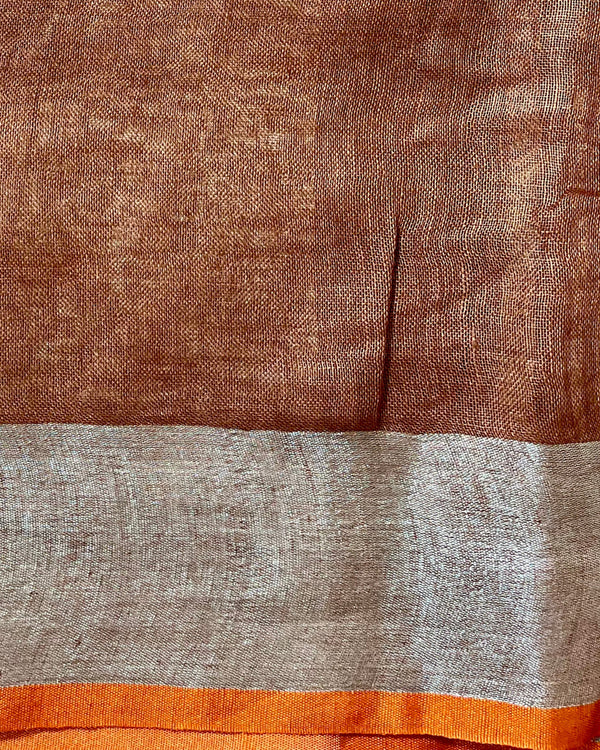 Ethereal Handwoven Pure Linen Brown Saree