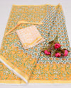 Indiehaat | Exquisite Kota Doria Yellow Saree Handblock Print