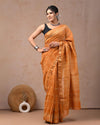 Indiehaat | Maheshwari Silk Saree Orange Color Bagru Handblock Printed with Running Blouse (Silk by Silk)