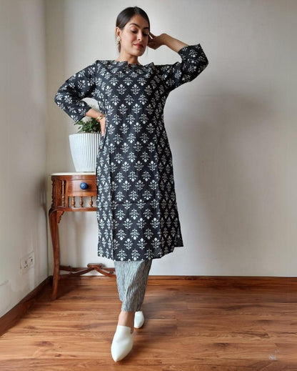 Indiehaat | Cotton Stitched Kurti Black Color Handblock Printed With Pant