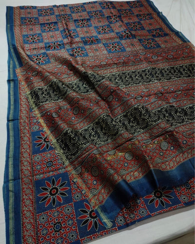 Indiehaat | Chanderi Silk Ajrakh Print Saree Blue