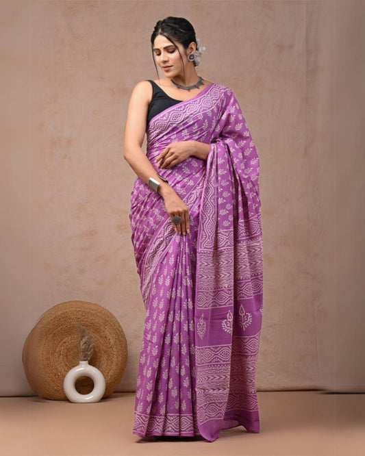 Indiehaat | Pure Mulmul Cotton Saree Purple Color handblock printed with Running Blouse