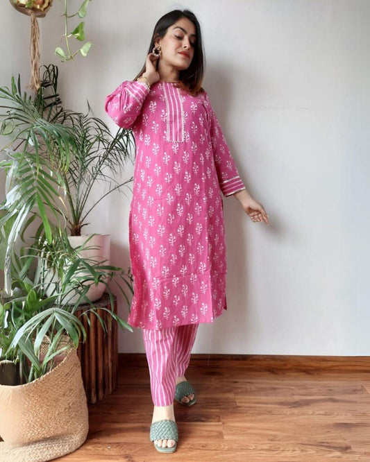 Indiehaat | Cotton Stitched Kurti Pink Color Handblock Printed With Pant